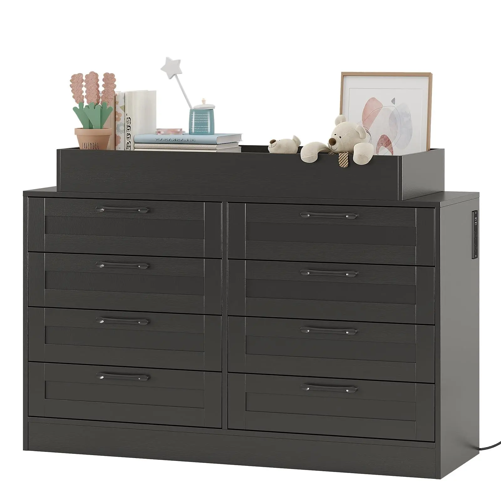 Garvee Changing Table Dresser with 8 Wood Drawers, Classic Nursery Dresser, Changing Shelves, Multi-Functional Diaper Changing Station, Dresser for Bedroom (No Pad),Black