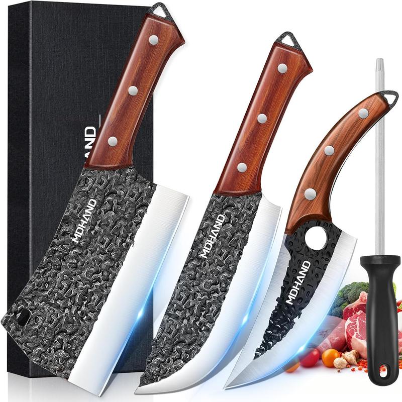 4 Piece Serbian Chef Knife Set with Gift Box, Butcher Knife Set, Hand Forged Kitchen Knife Set Meat Cleaver Boning Knife Viking Knife with Sheaths for Home Cooking Camping Outdoor BBQ