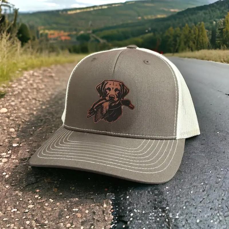 Duck Hunting Leather Patch Hat | Duck Camo Trucker Hat Adjustable | Hunter Gift for Dad, Husband, or Boyfriend | Outdoor Hunting Hat