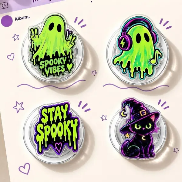 Neon Spooky Vibes MagSafe Phone Grip Collection, Glowing Green Spirit & Witchy Cat PopSocket Set, Glow-in-Dark Aesthetic Fall Accessory