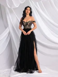 Elegant Black Lace Bodice Tulle Prom Dress Off Shoulder Layered Formal Evening Gown