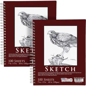 9"x12" Sketch Book Pad, 2 Pack (100 Sheets Each), 60lb (100gsm) Spiral Bound Sketching Drawing Pad, Acid-Free Paper for Adults Students, Suitable for Colored Pencils Charcoal