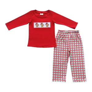 Boys' 2-Piece Fitted Rayon Christmas Party Wear Set - Toddler 4-5 Years, BLP0202 Long Sleeve Embroidered Gingerbread Motif Top with Pants