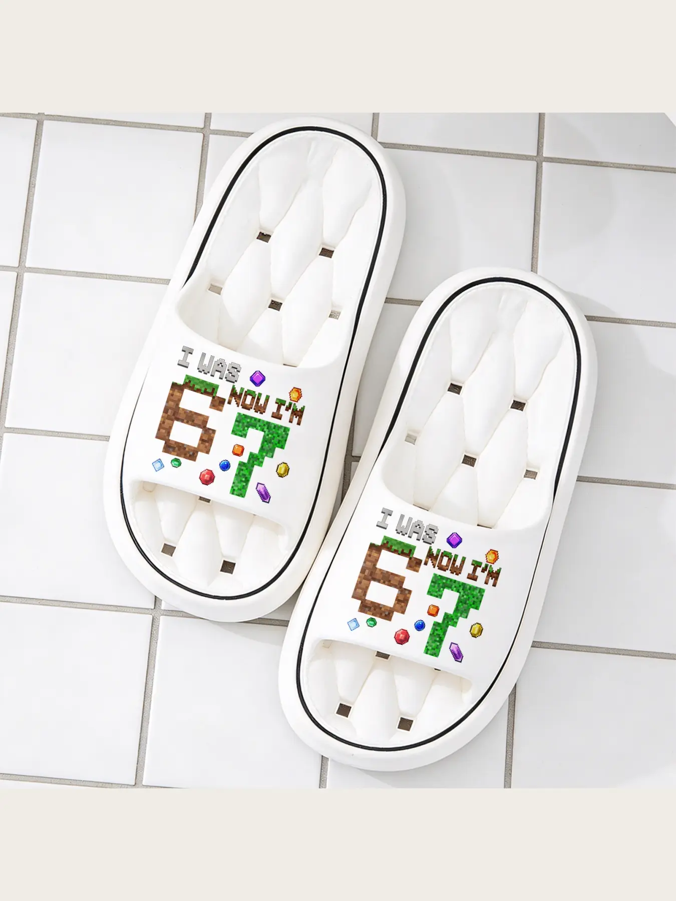 Minecraft Themed Soft House Slippers, Retro Pixel I Was 6 Now I'm 7 Print Non-Slip Cozy Slide Shoes, Casual Indoor Outdoor Open-Toe Slippers for Kids Birthday Gift Footwear