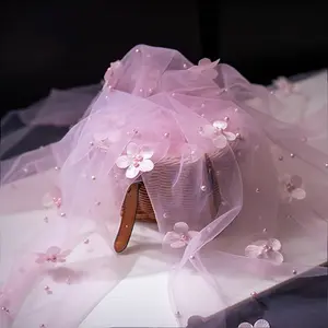 Floral Pearl Mesh Fabric, Soft Handmade DIY Pure Color Lace Headscarf, Clothing Photography Background Photo Fabric, Floral Print Tulle