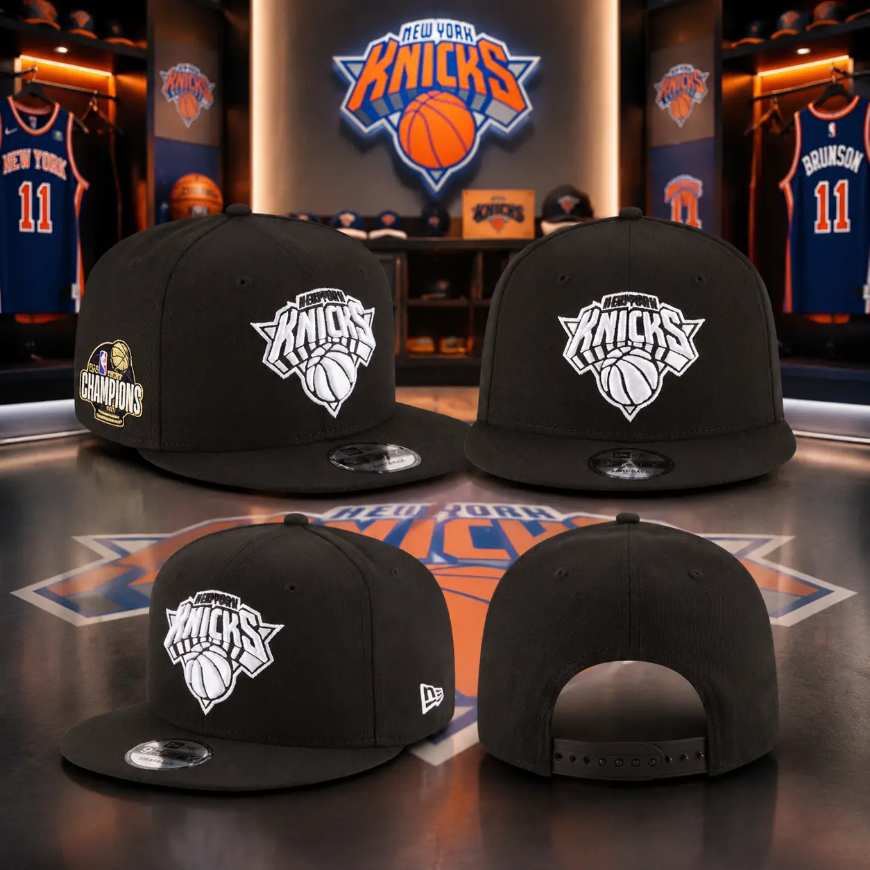 Black New York Knicks Adjustable Snapback Cap – NBA Basketball Streetwear Hat with Embroidered Logo & Side Patch