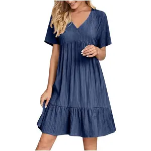 Summer dresses for women 2025 vacation short sleeve V neck t shirt dress pleated ruffle flowy beach sundresses