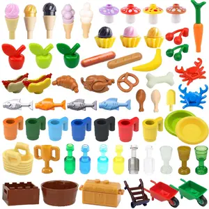 MOC City Food Building Blocks Mini Accessories Apple Fish Hot Dog Ice Cream Chicken Pizza Figures Bricks Kit Compatible Toy K041