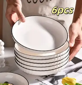 6pcs set of 7-inch black and white contrasting ceramic deep plates, black edged white ceramic discs, suitable for holding salads, desserts, pasta, sushi, and various dining events in home restaurants. Durable and versatile kitchen utensils for all seasons