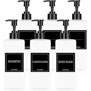 6 Pcs Shampoo and Conditioner Dispenser Bottles 16oz Modern Shower Soap Bottles with Pump, Labels and Marker Pen Easy to Refill Body Wash Dispensers for Home Bathroom Decoration (White)