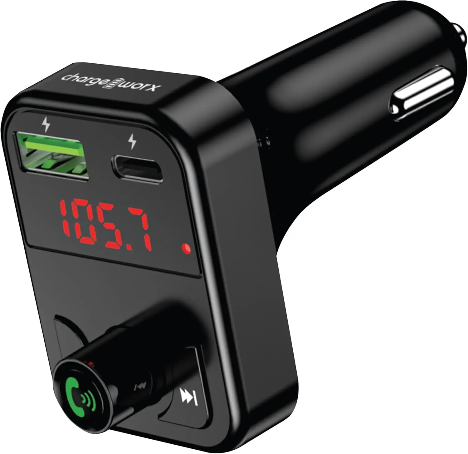 ChargeWorx FM Transmitter Bluetooth ., Wireless Bluetooth Car Charger, FastCharging USBC and USB Car Charger for Streaming Music, HandsFree PhoneCall Mode, DualCharging Port, Bright LED Screen