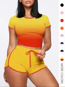 Two-Piece Set Women's Contrast Binding Crop Top & Drawstring Waist Shorts Set, Round Neck Short Sleeve Top & Shorts, Casual Summer Clothes for Outdoor Daily Wear, Stretchy Outfit Sets