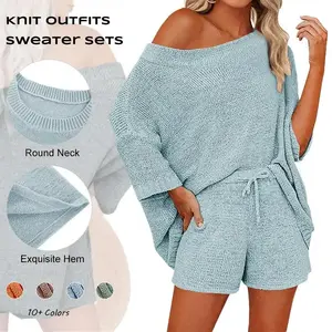 【New】Imily bela Women's 2 Piece Outfits Sweater Sets Off Shoulder Knit Top Shorts Matching Suits Cute Pajama Lounge SetRAIMENTRY