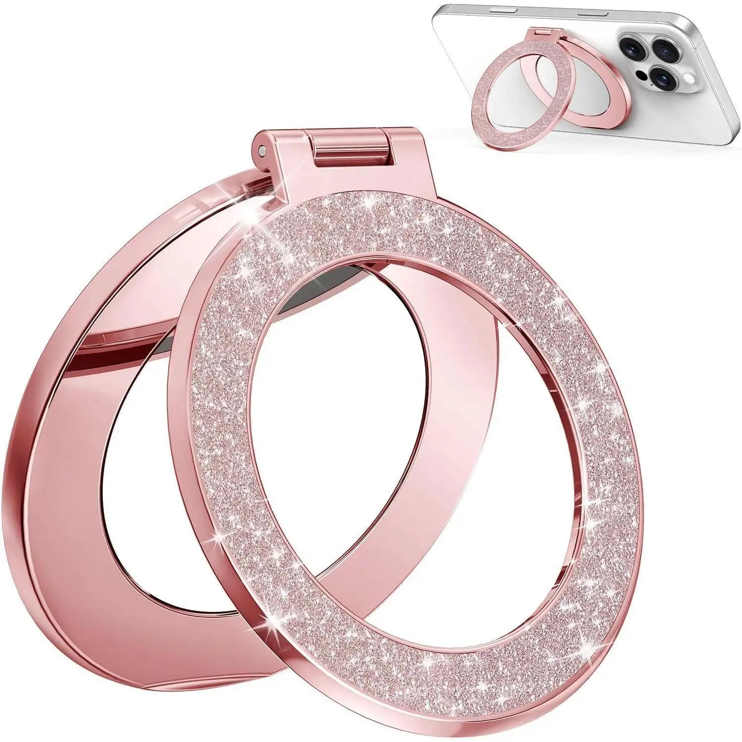 Women's Upgraded Magnetic Smartphone Ring Holder - Built-in Makeup Mirror, Electroplated Glitter Design, MagSafe-Compatible for iPhone 17/16/15/14/13/12 Series, Silicone Phone Stand, Mobile MagSafe Magnetic Phone Holders & Mounts