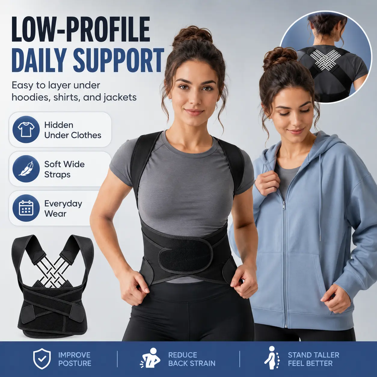 Posture Corrector for Women and Men, Adjustable Back Brace with Wide Shoulder Straps, Low Profile Upper Back Support, Comfortable Posture Trainer Wear Under Clothes for Office, Desk Work, Study and Daily Wear, Helps with Slouching and Rounded Shoulders