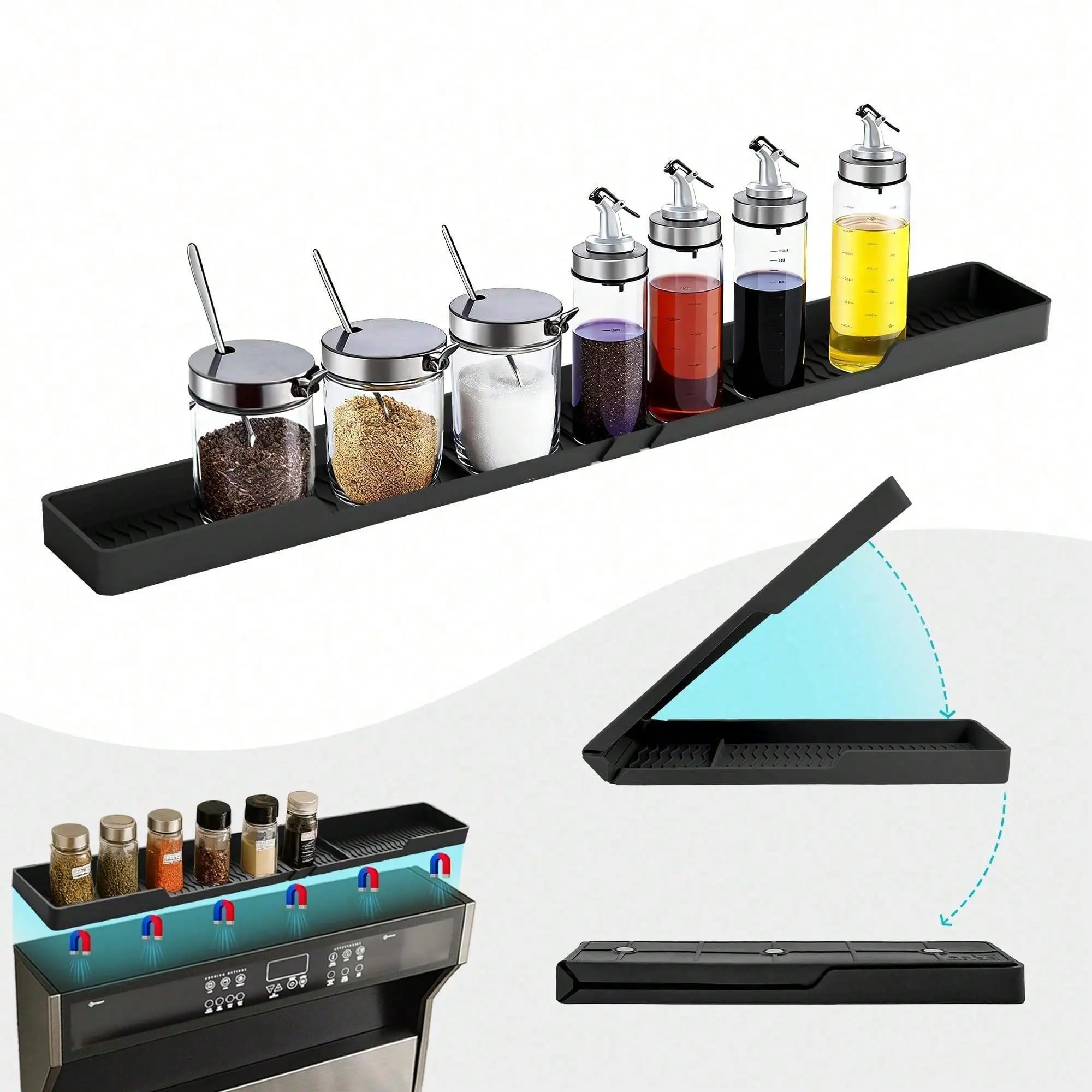 30-Inch Soft Heat-Resistant Silicone Stove Shelf - 6 Suction Points, 3 Compartments, Space-Saving Kitchen Rack for Spices, Kitchen Tools, Racks