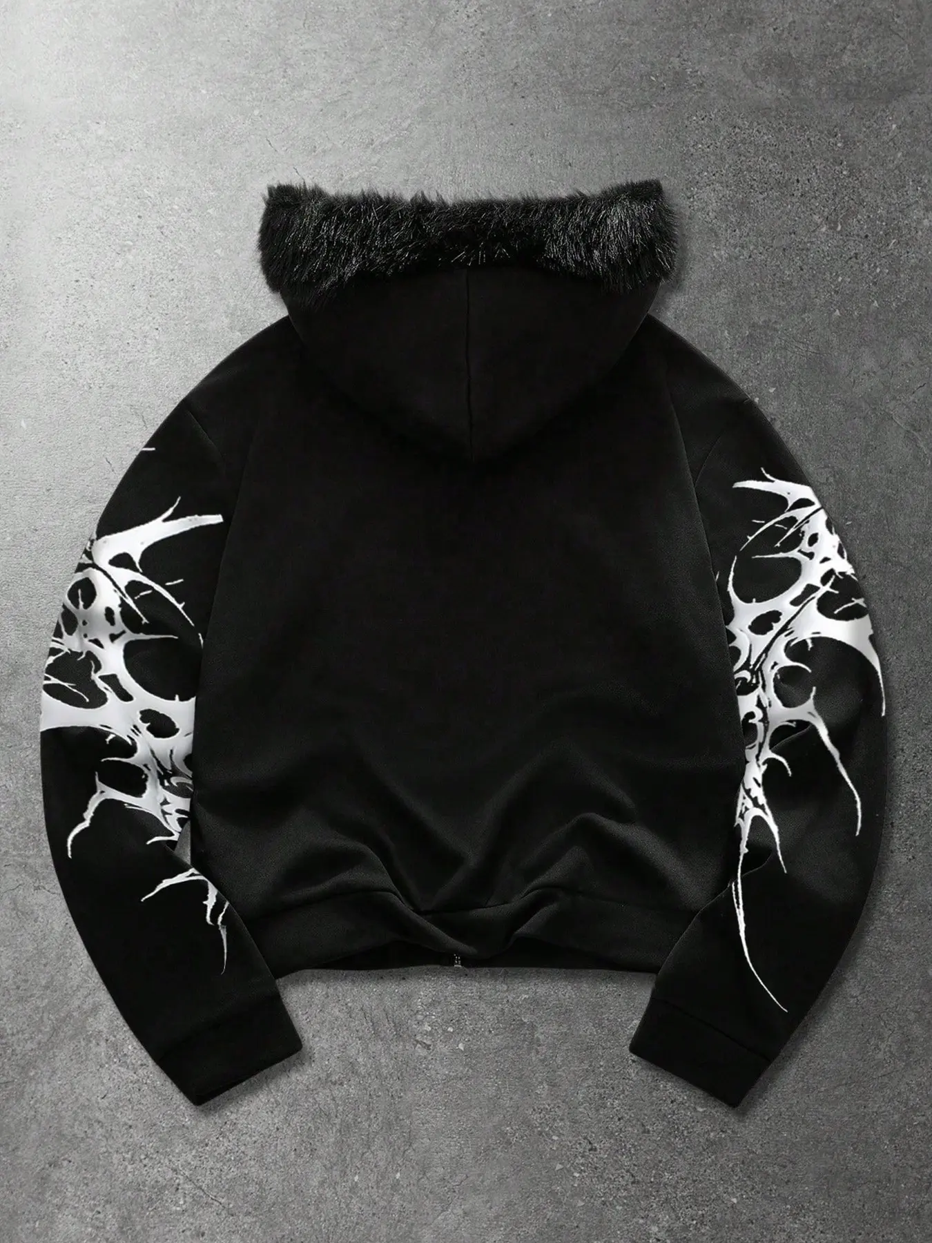 Y2K Cyber Grunge Full Zip Hoodie with Red Furry Hood | Gothic