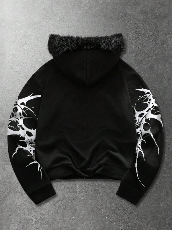 Y2K Cyber Grunge Full Zip Hoodie with Red Furry Hood | Gothic Graphic Oversized Jacket for Vampire Aesthetic | Underground Streetwear for Winter Music Festivals & Night Out