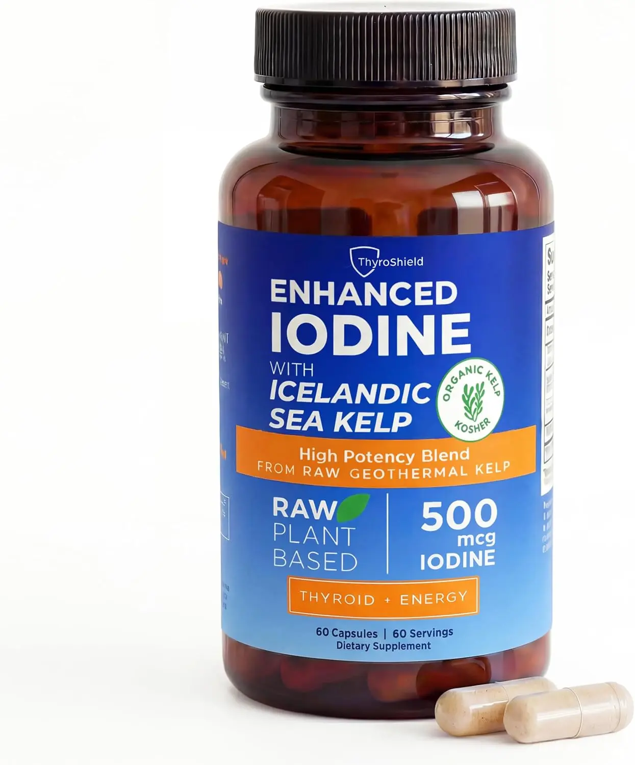 ThyroShield Iodine Supplement - 500 mcg Pure Raw Form Whole Food, Potassium Iodide, Icelandic Sea Kelp & Trace Minerals - Daily Thyroid Support for Energy, Metabolism - Vegan, 60 Capsules