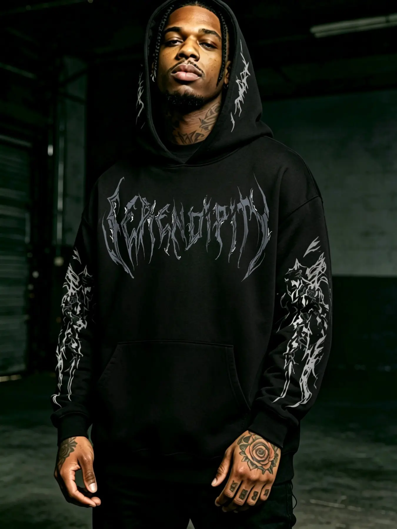 Men's Dark Metal Style Hooded Sweatshirt, Skull Cross Full Print, Casual Asymmetrical Design, Long Sleeve, Fitted, Spring & Fall, Graphic Sweatshirts, Goth Sweatshirt, Gothic Rock Hoodie, Casual Graphic Streetwear, Menswear