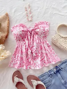 Summer Fashion Sexy Print Top, Vacation Casual Tie Waist A-Line Hem, Women's Stylish Blouse for Daily Wear, Floral Print Bandeau