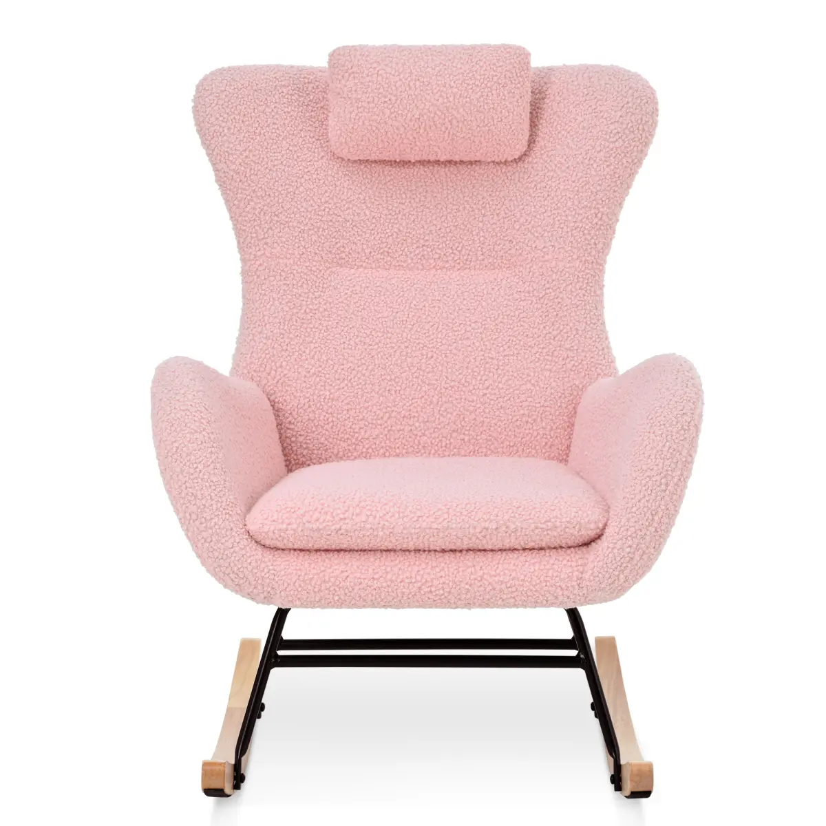 Pink Teddy Upholstered Nursery Rocking Chair - 26.38*34.25*36.22in, Iron-Plywood Frame, Fully Padded High-Density Sponge, Adjustable Headrest, Side Storage Pocket, Non-Slip Rubber Wood Leg, 30-Degree Ergonomic Glider, Easy Assembly for Living Room Bedroom