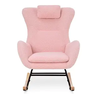 Pink Teddy Upholstered Nursery Rocking Chair 26.38*34.25*36.22in Iron Plywood Frame High Density Sponge Adjustable Headrest Side Storage Pocket Non-Slip Rubber Wood Leg 30 Degree Ergonomic Glider Chair Easy Assembly for Living Room Bedroom Office