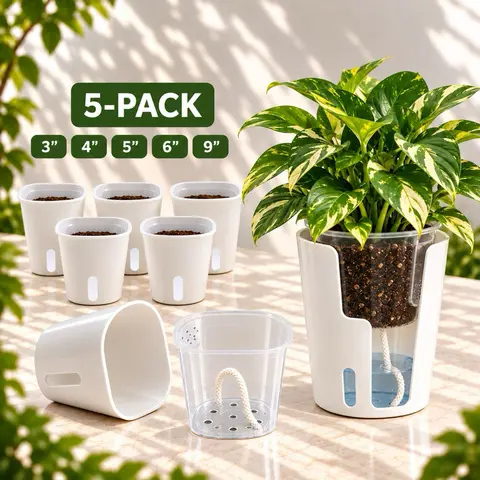 White Self-Watering Plant Pots with Clear Insert— 3/4/5/6/9 inch, 5-Pack