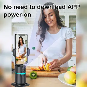 360° Al face tracking rotatable phone holder with charging and Bluetooth remocontrol. It auto-follows your face for hands-free shooting. You can add extrabrackets and fill lights as needed. Great for vlogging and live streaming。