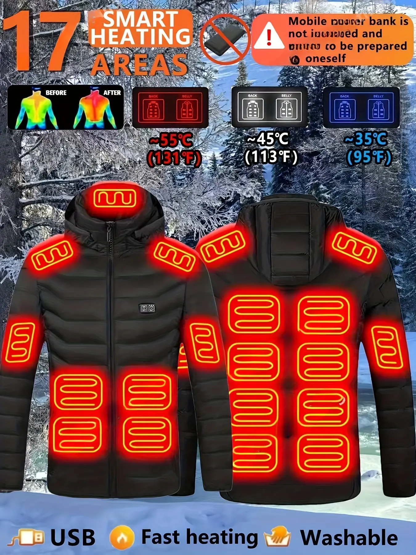 Unisex Heated Jacket with 17 Heating Zones, Detachable Hood, Winter Coat for Skiing Hiking Camping, Durable Fabric, Perfect Christmas Gift