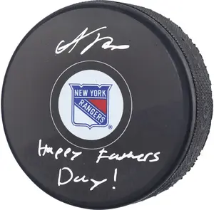 Adam Fox New York Rangers Autographed Hockey Puck with "Happy Father's Day!" Inscription - NHL Auctions Exclusive - Fanatics Authentic Certified