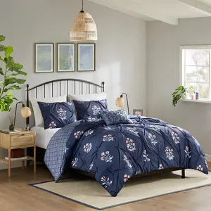 360 Stand 4-Piece Hypoallergenic Marfa Pintuck Floral Print Farmhouse Bedding Set - Microfiber Quilt Bedding Set, Polyester Fill, Navy, 104x92x1.5in, with Throw Pillow, for King & California King Beds, Microfiber Bedding Set