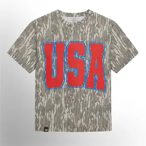 USA Camo Tee - Bold Red Varsity Letter, Mossy Oak Camouflage Outdoors - Hunting Camo Shirt, Cotton Soft Stretch, Full Size S-5XL