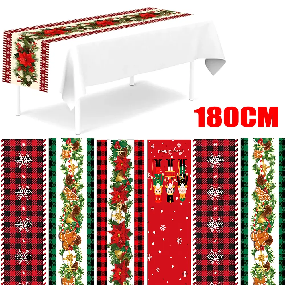 1-Piece 2024 Polyester Festive Rectangle Christmas Tablecloth (180x35cm), Red Holiday Decoration with Novelty Flower, Snowflake, Gingerbread Prints for Home Party Supplies