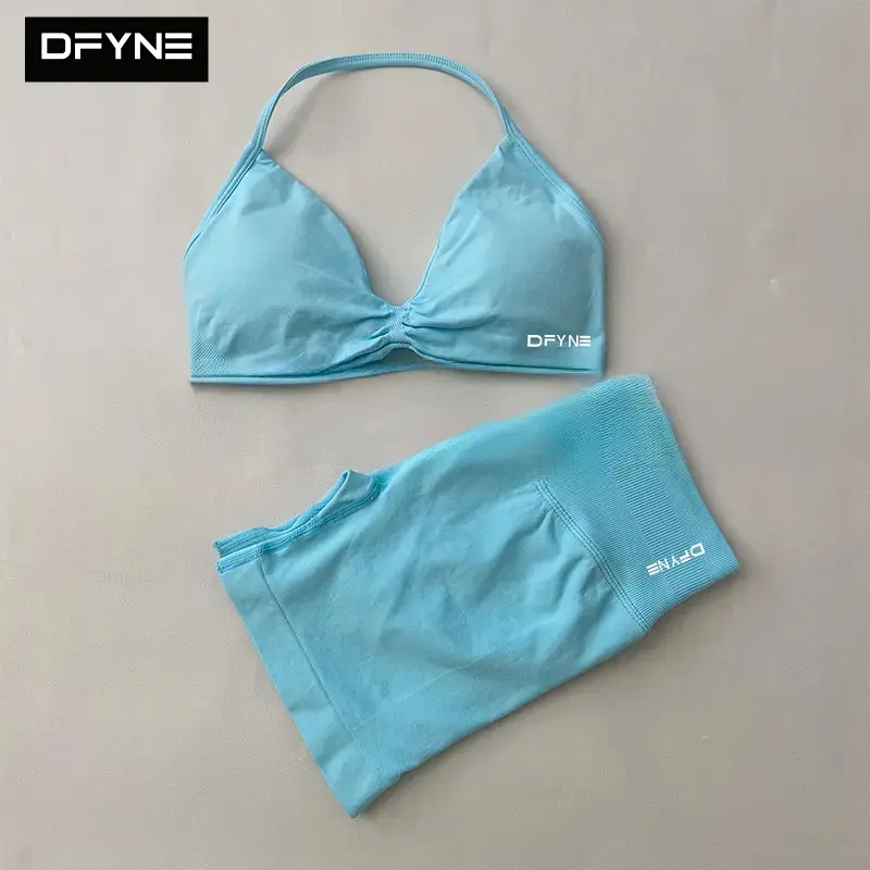 DFYNE Halter Neck Workout Set| Seamless Padded Sports Bra & High Waisted Sculpt Shorts