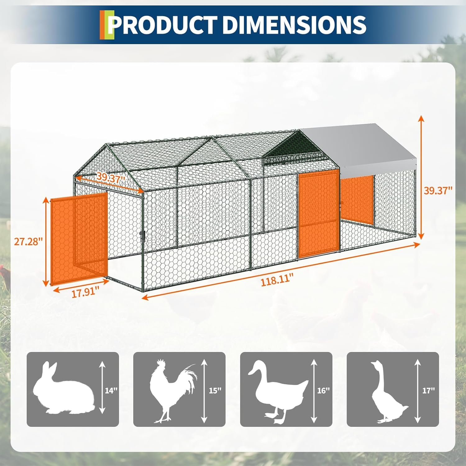 Large Metal Chicken Coop, Walk-in Chicken Run with Waterproof and Anti-UV Cover, Outdoor Poultry Cage with 3 Doors for Hen Rabbit Duck Goose