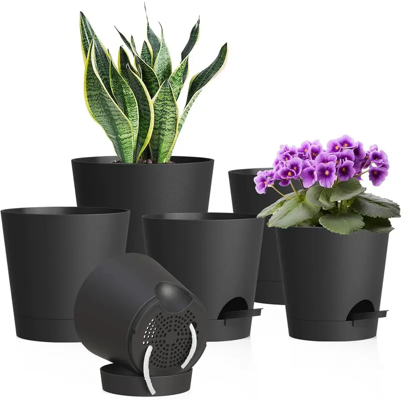 7/6.5/6/5.5/5/4 inch Self Watering Pots for Indoor Outdoor , 6 Pack Plastic Flower Planters with Drainage Holes and Removable Saucers,  Pots with Wicking Rope, Modern Decor, Black