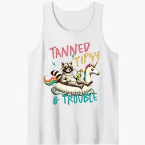 Tanned Tipsy & Trouble Tank Top  Funny Raccoon Float Graphic Tee for Summer Vibes Cotton Fabric Man Menswear Classic Sleeveless