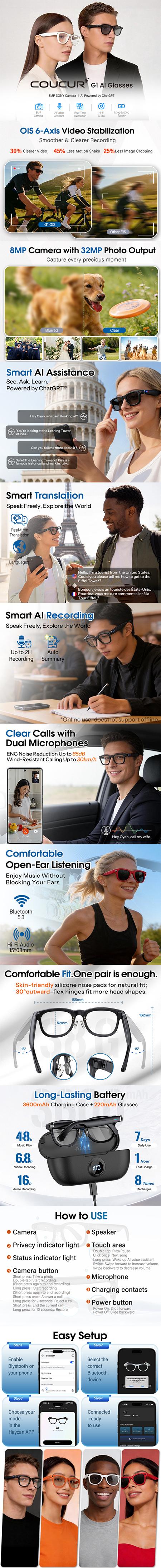 2026 New G1 AI Smart Glasses, 8MP HD Camera, 1200P Video, Open-Ear Bluetooth Audio, AI Translation & Voice Control, Smart Sunglasses for Men & Women 2026 New G1 AI Smart Glasses, 8MP HD Camera, 1200P Video, Open-Ear Bluetooth Audio, AI Translation & Voice Control, Smart Sunglasses for Men & Women