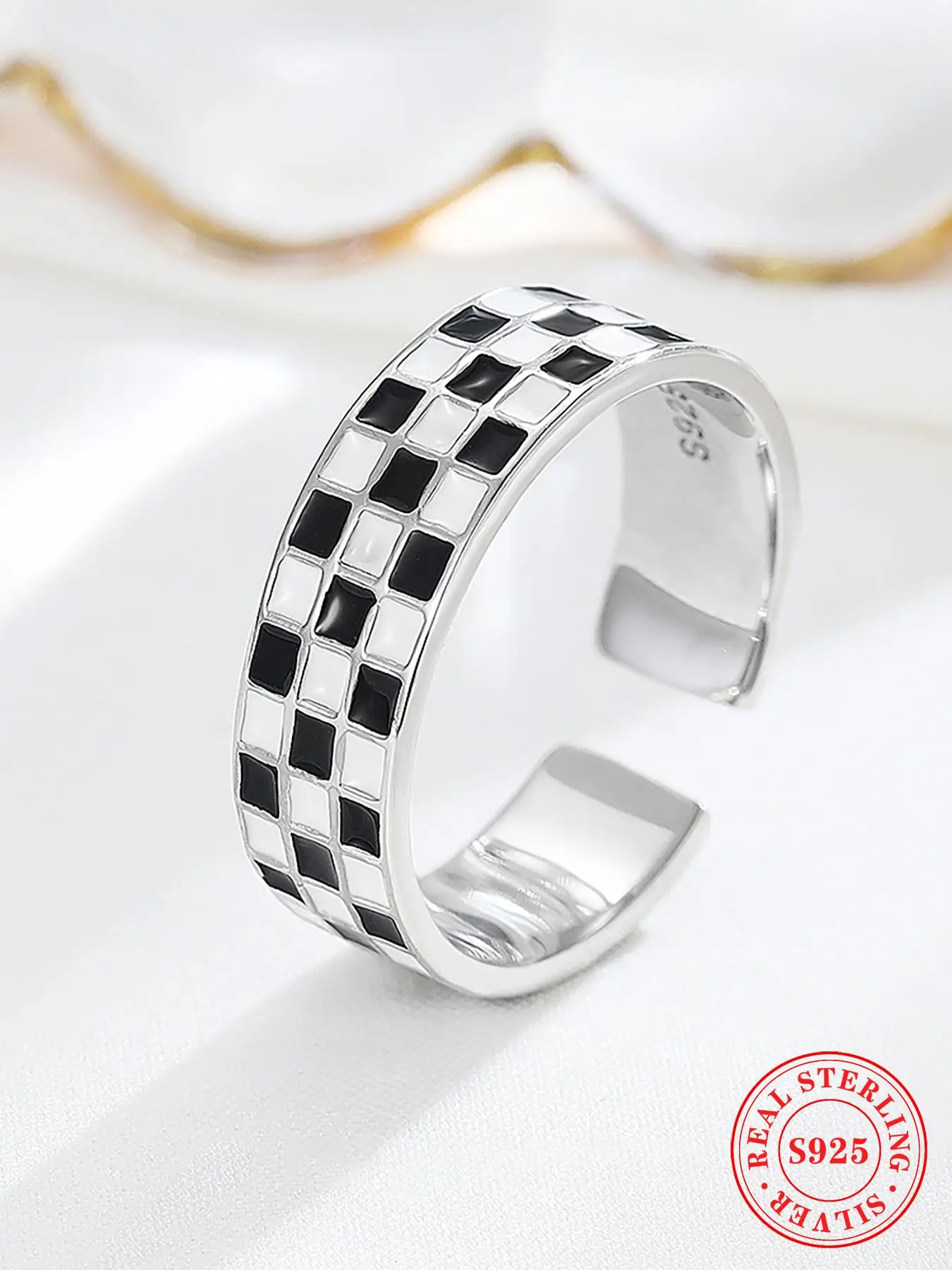 S925 Sterling Silver Fashionable Checkerboard Pattern Cuff Ring, Adjustable Open Ring, Fashion Jewelry Accessories for Women & Girls