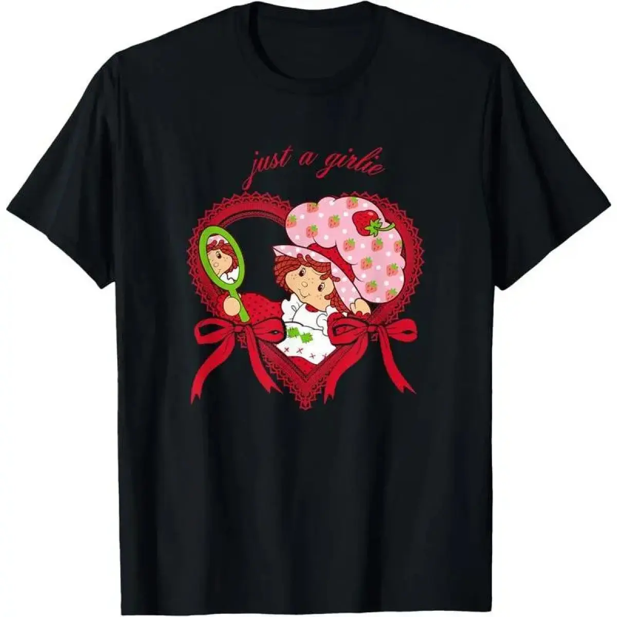 2026 Summer Menswear Short-Sleeve Round Neck Cotton Graphic Top, Casual 100% Cotton Strawberry Shortcake Girlie Hearts & Bows T-Shirt, Breathable Soft Golf Gift for Men, Shortsleeve, Tshirt, Drape