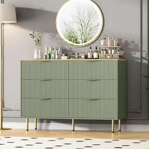 Green Fluted Wood 6 Drawers Dresser for Bedroom - Large Modern Chest of Drawers - Green Dresser with Gold Handle - Wood Drawer Organizer for Bedroom/Living Room/Hallway/Entryway