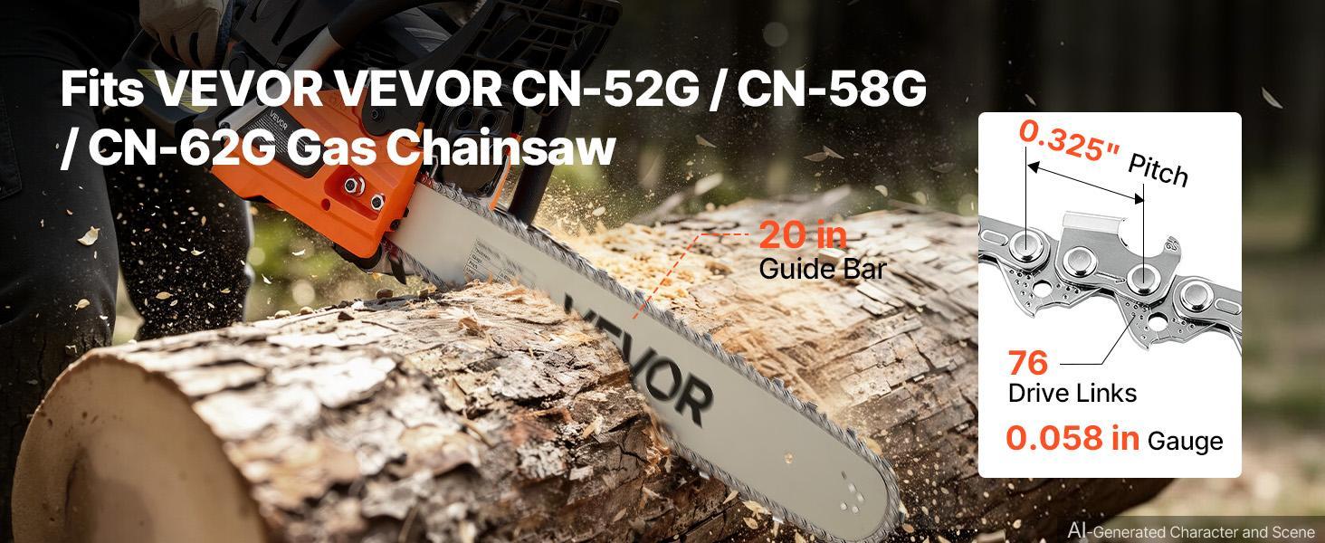 【BackToSchool】VEVOR Bar & Chainsaw Chain Combo 20" .325" Pitch .058" Gauge 76 Drive Links, Fits VEVOR CN-52G / CN-58G / CN-62G Gas Chainsaw, Alloy Steel, Replacement Guide Bar & Saw Chain with Sharp Cutter Teeth