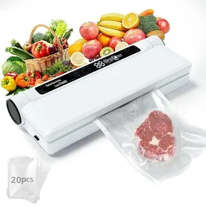 Food Storage Vacuum Sealer Machine, 60KPA Strong Suction, Dry/Wet Modes, 20 Vacuum Seal Bags for Food, Digital Countdown Timer, Compact Lightweight, Ideal for Home Kitchen Use