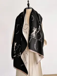 Women's Cartoon Cat Print Scarf, Fall & Winter Casual Long Tassel Shawl, Warm Lightweight Luxury Wrap, Animal Pattern Style