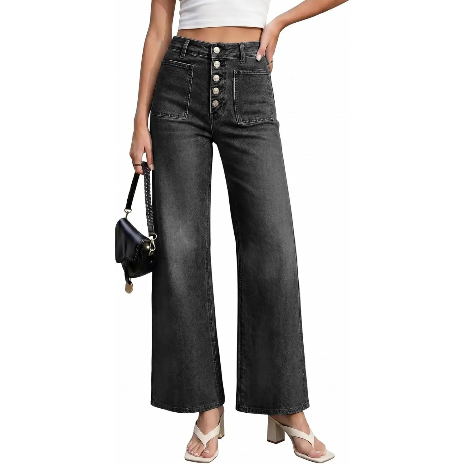 Cicy Bell Women's High-Waisted Wide-Leg Stretchy Vintage Baggy Flared Jeans - Streetwear Basic Bottom Trouser with Pockets