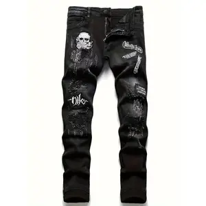 Men's Skull Embroidery Slim Fit Jeans - Street Style Distressed Denim Pants with Stretch, Machine Washable, Black Casual Winter Pants for Adults