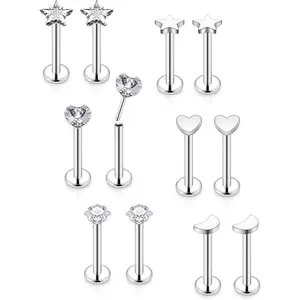 16G 18G 20G Threadless Push in Lip Rings Stainless Steel Flat  Nose Rings Studs Earrings Tragus Helix Conch Cartilage Lobe Earrings Stud Piercing  for Women Men 6 Pairs