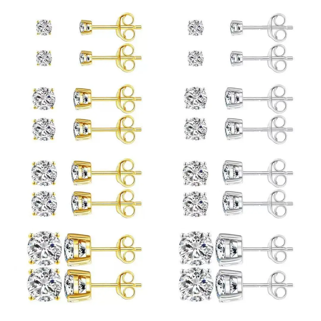 18K Gold-Plated Titanium Round AAA Cubic Zirconia for Men & – 3mm, 4mm, 5mm & 6mm, Gold, Silver & men's whimsical Heart Tassel Long jhumka women rook nikki reed jewelry Hypoallergenic Surgical Stud Earrings Set piercing disc spicy accessories pierced prin