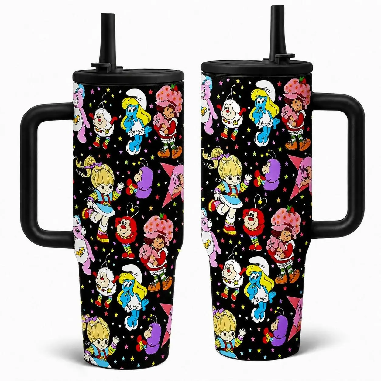 1pcs 40oz Vintage 80s Cartoon Collage Tumbler With Handle & Straw, Retro Rainbow Brite Smurfette Strawberry Shortcake Print Stainless Steel Insulated Travel Cup, Nostalgic Gift For 90s Fans